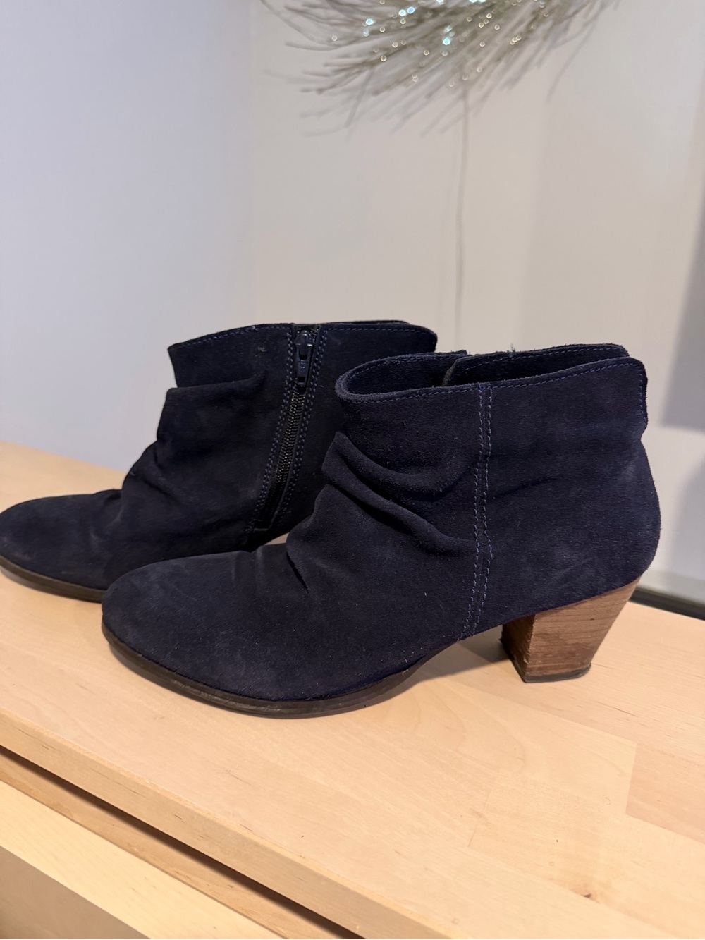 Suede Navy Ankle Booties with Low Block Heel